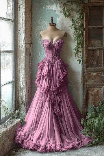 Niulatu A-line Sweetheart Neck Tulle Beaded Long Prom Dress, Vintage Formal Dress HZ1026